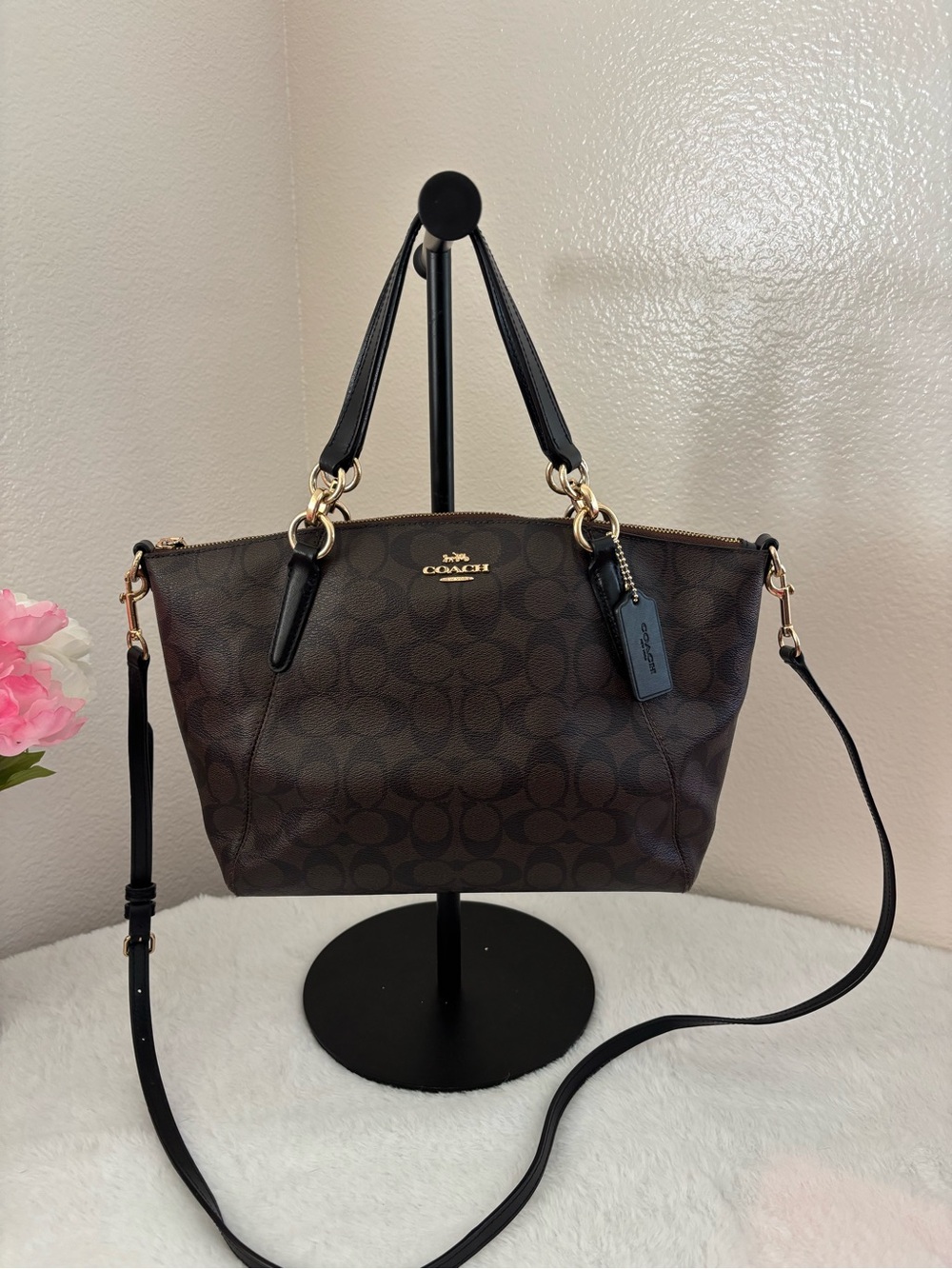 Coach Kacey Satchel Signature Canvas Leather Brown/Black Monogram Crossbody Bag